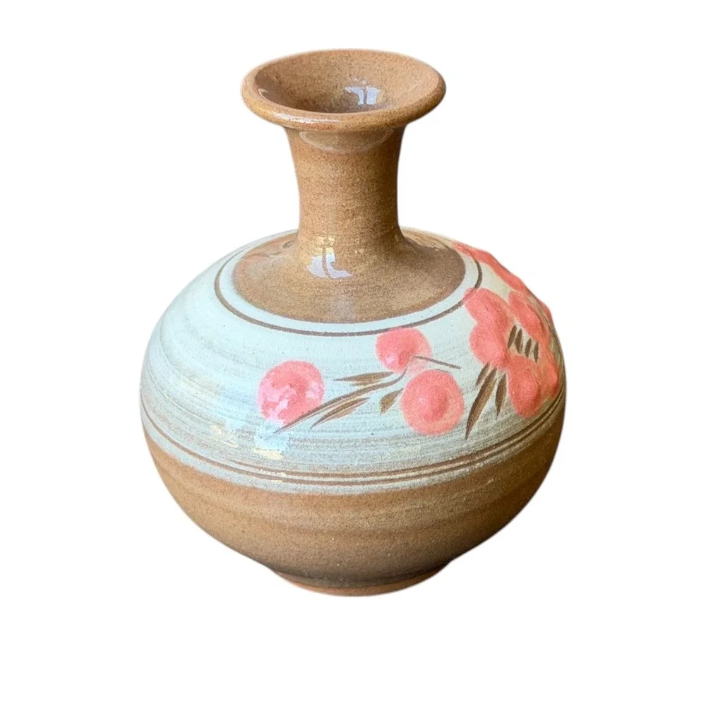 Vintage Studio Pottery Bud Vase Hand Painted Pink Floral Stoneware Earthy Boho